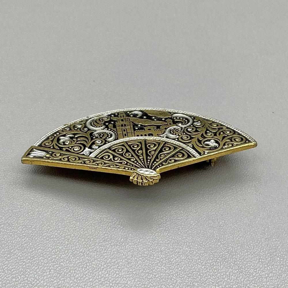 Gold Tone Fan Brooch Pin Damascene Cityscape Black Enamel Costume Jewelry 2